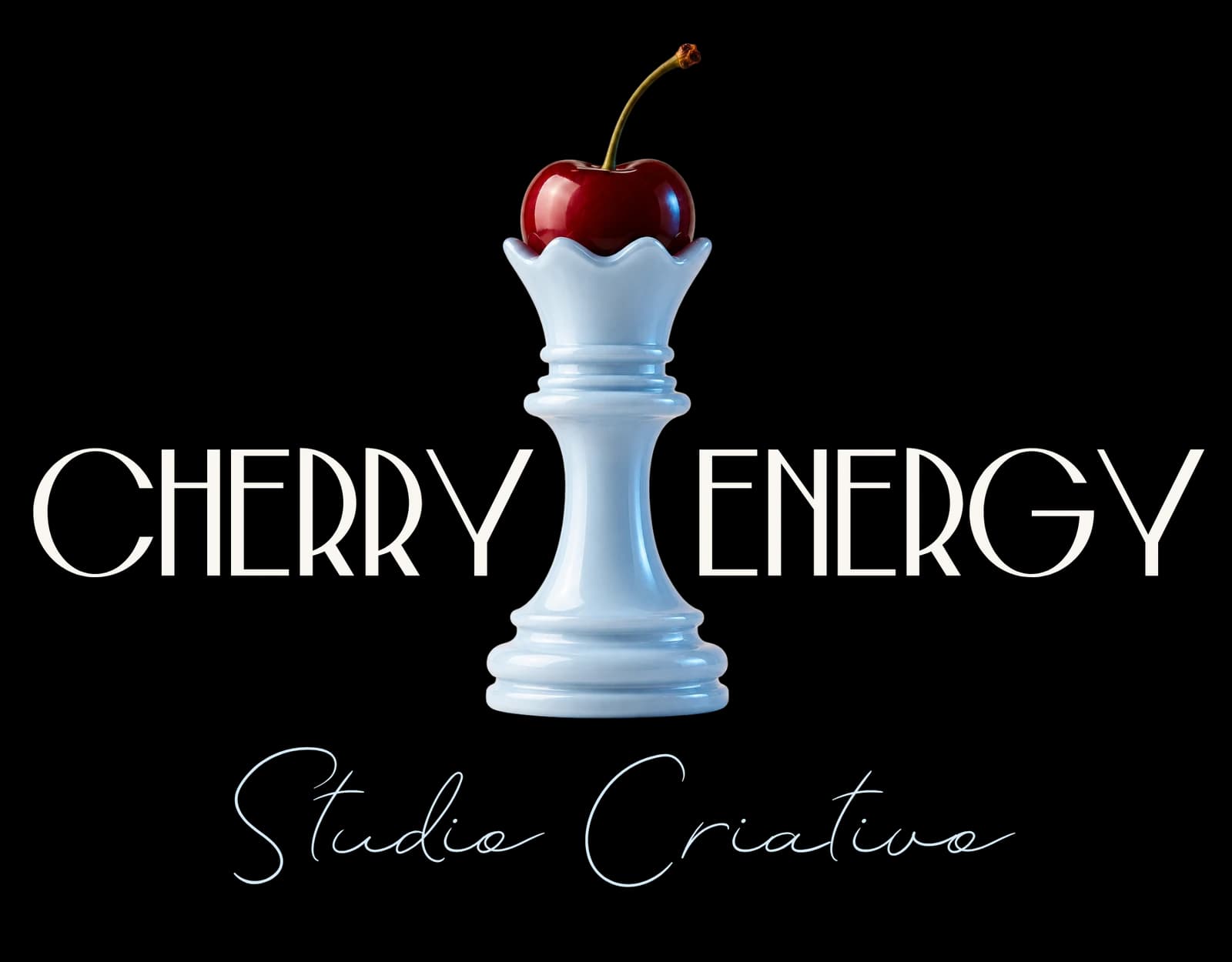 A rainha coroada da Cherry Energy, peça de xadrez em vidro azul-gelo com uma cereja vermelha no topo, sobre fundo preto com vinheta vinho.